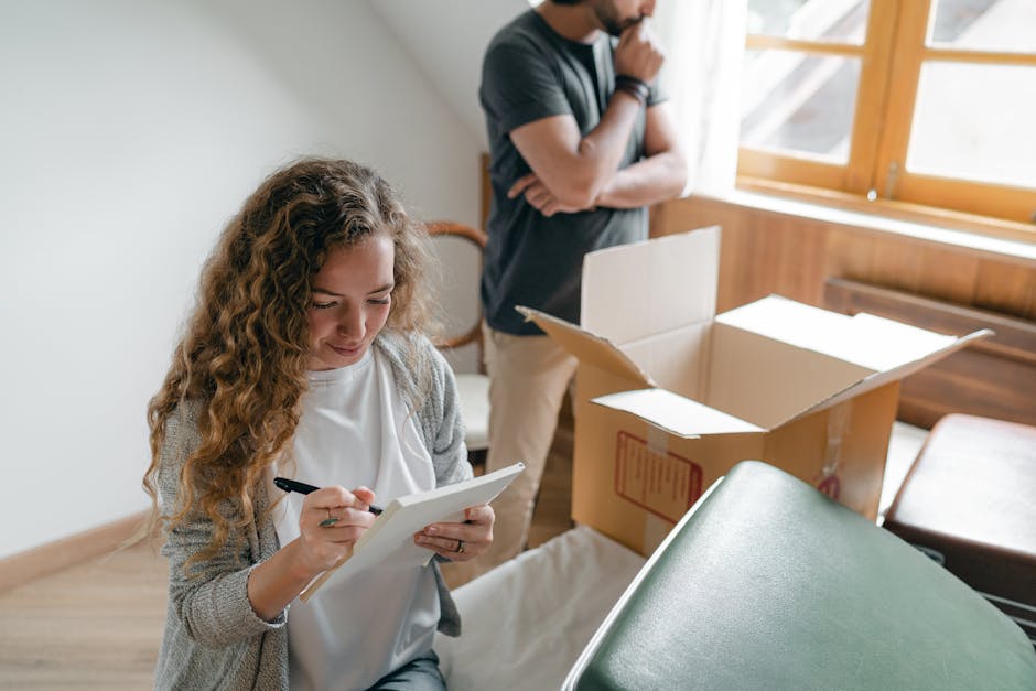 A person with curly dark hair, wearing a green short-sleeved shirt and blue jeans, is seen folding or arranging large, white plastic rubbish bags on a white sofa inside a cluttered room. The room cont